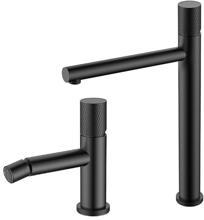 Set miscelatori lavabo alto e bidet nero opaco con leva zigrinata in acciaio inox, manopola rotante e indicatori per l’acqua, GEMINI