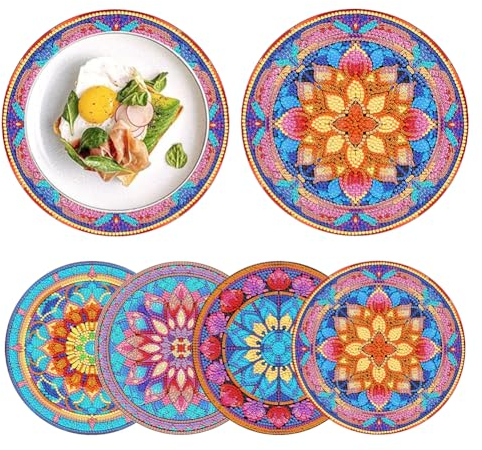 Starnearby Set di 4 Tovagliette da Tavola Rotonde in Acrilico, Tovagliette Diamond Painting Fai da te, Sotto Pentola Rotondo Sotto Piatti Resistente al Calore, Tovagliette Decorative Tavolo