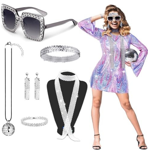 MUFEKUM Disco Accessoires, 70er jahre Kostümzubehör 70er Accessoires Pailletten Quaste Ohrringe Stirnband Strass Armband Halskette Sonnenbrille 70er 80er Jahre Glitzer Outfit Damen (Silber)