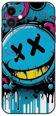 Sinyunron Handyhülle Kompatibel mit iPhone 11 Hülle Silikon Schwarz Matte Rückseite mit Muster,Weiche Stoßfest Kratzfest Schlanke TPU Softschale Schutzhülle,Blaues Emoji