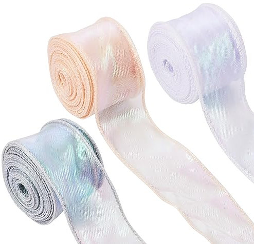 Crafans Organzabänder, Regenbogenfarben, schillernd, schimmernd, durchscheinend, Spitze, glitzernd, Fischschwanz-Garn für Blumenstrauß, Hochzeitsdekoration, Geschenkverpackung