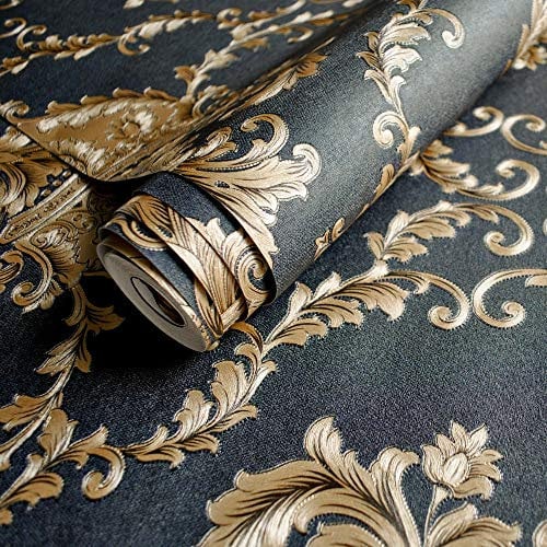Crepundia Non-Woven Wallpaper Beige-Grey Luxury Glitter Gold Floral Damask Wallpaper Textured Yellow Vinyl Damask Stripe Wall Paper Roll Living Room Bedroom(Natural)