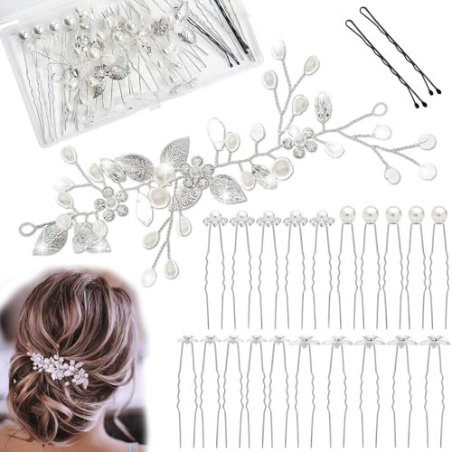 UZSUZZ Lot de 21Bijoux Cheveux Mariage, Broche Cheveux Mariage Bijoux De Cheveux De Mariée Perles Strass Cheveux Pour Mariée Et Demoiselle d'Honneur
