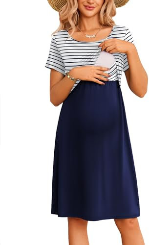 Ekouaer Robe Femme Enceinte Robe Grossesse Col Rond Robes Maternité Elégante Chic Imprimé Sexy Confortable, Marine Rayée, S