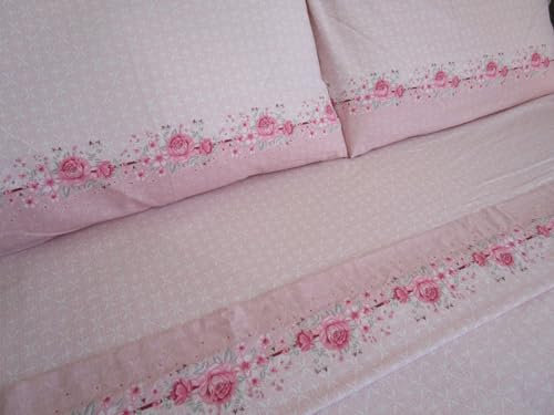 Pago Poco Parure de lit double couleurs : vert-rose-bleu clair, 100 % flanelle coton fantaisie rose avec fleurs. Drap plat 250 x 290 cm. Dessous avec angles 175 x 200 + 30 cm. 2 taies d'oreiller 52 x