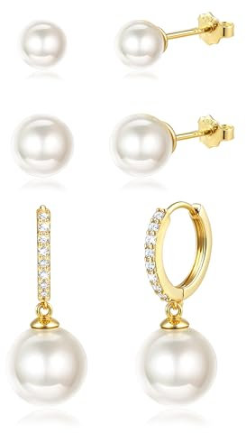 Diamday 3 Paar Perlen Ohrringe Silber 925 Creolen Ohrstecker Perlenohrringe Hängend Ohrringe Gold Set Hypoallergene Perlen Ohrstecker Silber 925 Perlenohrringe für Damen Mädchen Schmuck Geschenk