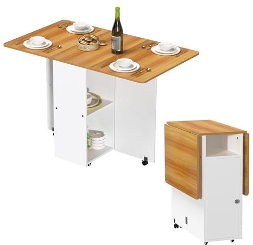 Chleby Tables de Salle à Manger Pliable Table de Cuisine Table à Manger Pliante avec roulettes Table Pliante avec Compartiment de Rangement 110 * 70 * 78 cm Orange-Blanc