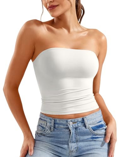 ZAAYO Schulterfrei Tube Top Damen Bandeau Top Y2K Slim Fit Crop Top Sexy Sommer Tops Doppelt Gefüttert Tank Top Weiß L