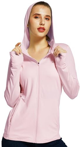 WILLIT Veste de course pour femme - Manches longues - Protection solaire - Sweat à capuche - T-shirt de course UV - UPF 50 - Veste légère - Yoga - Fitness - Sport - Randonnée - Avec poches, Rose, L