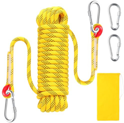 10mm Kletterseil, Outdoor-Sicherheitsseil, Nylon Seil Statisches Kletterseil Rettungsseil Feuerrettungs-Fallschirm-Seil mit 2 Karabinern für Arbeiten in der Höhe/Feuerleiter/Abseilen/Sport, Gelb