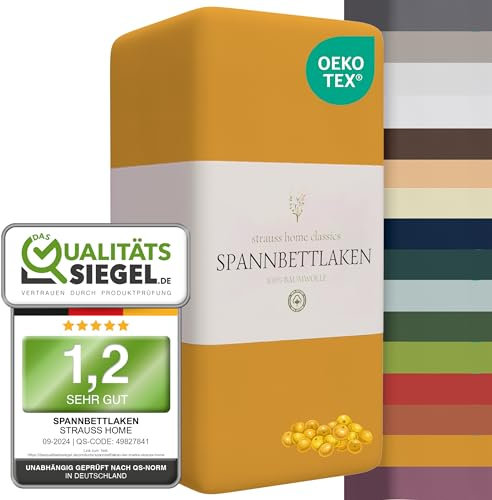 Strauss Home ® Jersey Spannbettlaken Spannbetttuch Bettlaken 100% Baumwolle 140x220-160x220 cm Übergrösse Wasserbett Boxspringbett (Senfgelb/Safran)