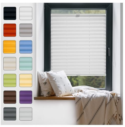Fenster Plissee ohne Bohren zum Kleben Innenrahmen - Thermo Plisseerollo Innen - Rollo Jalousie, Halterungen auf Rahmen, Faltrollo, Sichtschutz, Blickdicht, für Fenster & Tür - Hellgrau, 55 x 80 cm