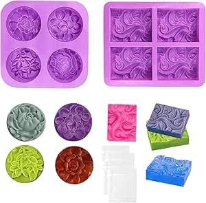 Flower Silicone Soap Moulds Set, Homemade Soap Mould, Non-Stick Silicone Mould for Baking with Soap Storage Bag, BPA Free Soap Moulds for Soap Making Supplies, for Muffin,Pudding,Jelly,Cheesecak