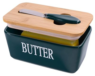 Beurrier en céramique avec couvercle et couteau pour comptoir, plateau couvert pour bâtonnets de beurre, récipient de rangement pour réfrigérateur (vert)
