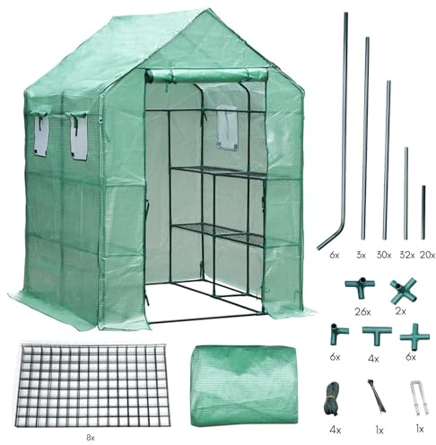 Hebitod Serre à tomates avec étagères pour plantes, 143 x 143 x 195 cm, bâche en polyéthylène 135 g, résistante aux intempéries, avec porte (vert), pour jardin ou balcon