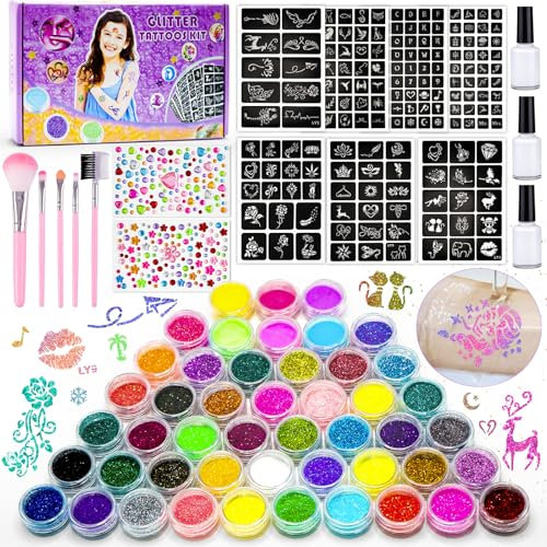 Glitzer Tattoo Set, 48 Farben Temporäre Glitzertattoo mit 204 Schablonen, 5 Pinsel, 3 Kleber und 218 Strasssteinen Wasserdichte Tattoos für Partys