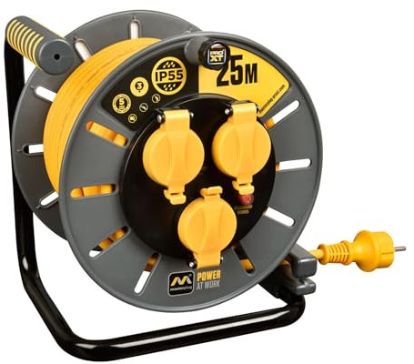 Masterplug Pro-XT Avvolgicavo 25 m, prolunga presa IP55, estensione elettrica 3 prese Schuko, prolunga presa professionale