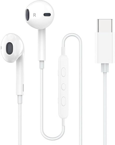 Earphones For iPad (2025) / iPad Air 13 (2025) / Air 11 (2025) Type C Earbuds Wired Digital HiFi Stereo in-Ear Bass Earbud USB C Headphones (WHITE)