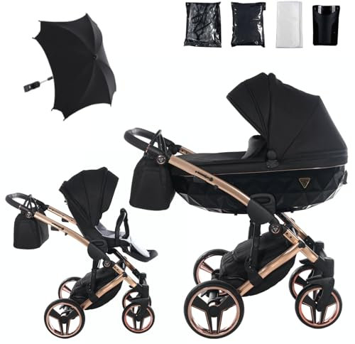 Junama Kinderwagen Diamond S 03 Schwarz und Kupfer - 2in1 3in1 4in1 mit Sonnenschirm (2 in 1)