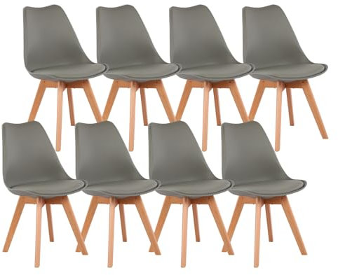 EGGREE IPOTIUS Esszimmerstuhl Skandinavisch Retro mit weicher Polsterung, SGS-Zertifiziert - Küchenstuhl Massivholz Buchenholzbeinen (8er Set, Grau)