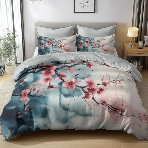Générique Housse de Couette 220x240 cm Peinture Chinoise De Fleurs De Cerisier Parures de Lit Enfants Polycoton Douce et Confortable Housse de Couette Impression 3D avec 2 Taie d'oreiller