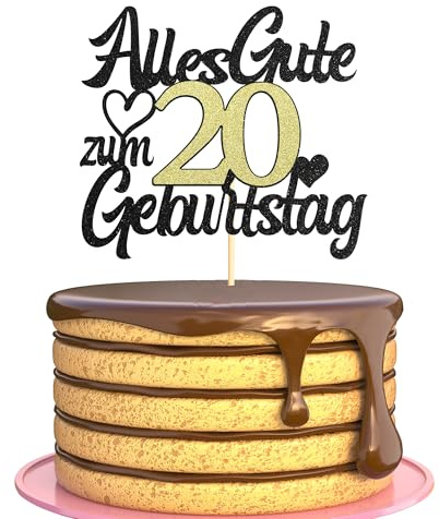 Sumerk Tortenaufsatz zum 20. Geburtstag Schwarz Goldener Glitzer Tortendekoration zum 20. Geburtstag Party Dekoration – 1 Stück
