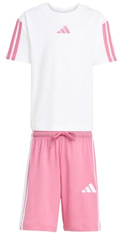 adidas Unisex Kids ESSENTIALS SMALL LOGO STRIPES T-SHIRT SET, white/pink fusion, 5-6 Years