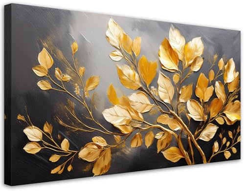 Feeby Bilder - Foto Geschenk - Goldene Blätter Glamour - 120x60 1tlg - Leinwandbilder Wohnzimmer - Wandbild über dem Bett - Bild Schlafzimmer - Aesthetic Zimmer Deko - Modern Pictures