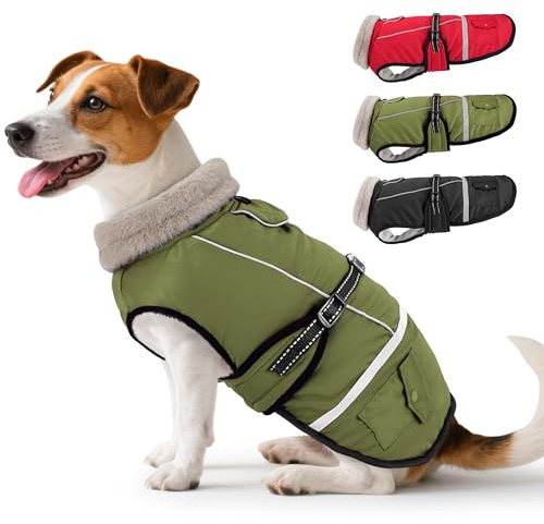 Woiil Hundemantel Wintermantel, Hundejacke Wasserdicht für Mittelgroße Hunde mit Verstellbaren Schultergurten, Hundemantel aus Fleece, Reflektierende Streifen, Geeignet für Border Collies Olivgrün, L