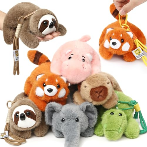 TinkerPlay 6Stk. Dschungel Mini Kuscheltiere 12cm Braunbären, Elefanten, Nilpferd Mini Kawaii Plüschtiere Schlüsselanhänger Safari Party Mitgebsel Plüsch Spielzeug Geschenk für Kinder Mädchen Jungen