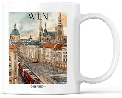 favplace Tasse mit Städtemotiv Wien Österreich Kaffeebecher - Geschenkidee bzw. Geschenk für Fernweh oder Heimat - Reise Kaffeetasse 330ml Weiß