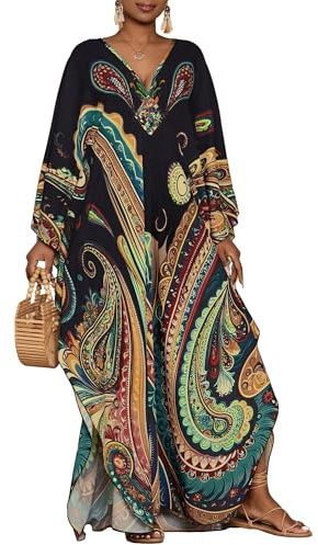 Bsubseach Kaftan Dresses for Women Ethnic Print Plus Size Beach Cover Ups Batwing Sleeve Caftans with Pockets Black