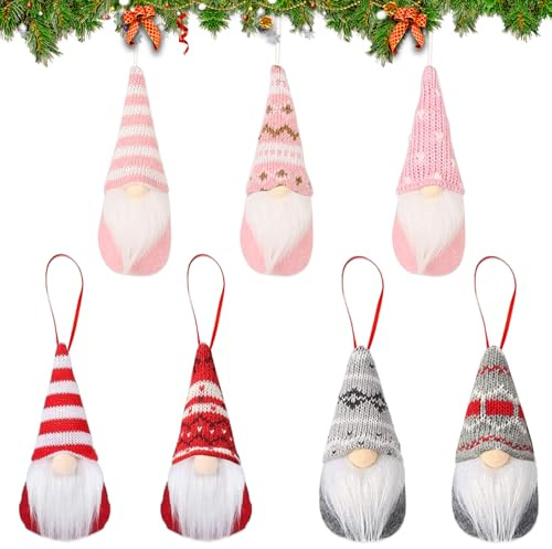 JSTHHTT 7 Stück Weihnachtswichtel zum Aufhängen, Weihnachtsbaum Anhänger Wichtel, Weihnachten Deko, Deko Weihnachten Puppe, für Dekor (Rosa)
