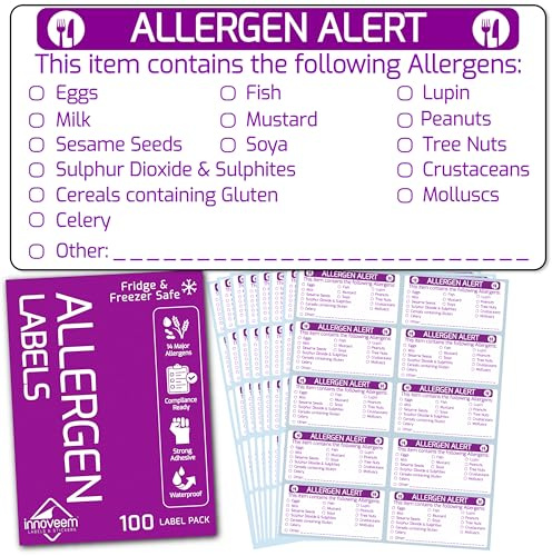 Innoveem Allergen Labels 100 Food Allergy Stickers 55 x 27.5mm Freezer Safe | Tick box covering all 14 UK allergens. Ideal for home baking, cakes, catering and sandwich packs. Waterproof