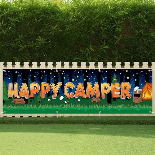 CRYSLOVE Großer Festivals Banner,300 x 90 CM Banner für Balkon,Indoor & Outdoor Dekoration Banner,Für Geburtstag,Ostern,Valentinstag,St. Patrick's Day (Glücklicher Camper)