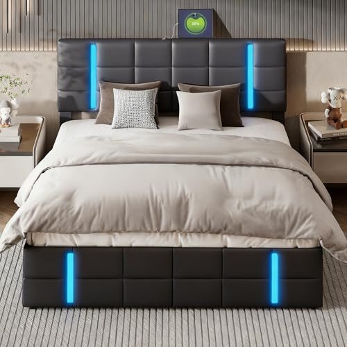 Hoscullo Polsterbett 160x200 mit LED, Hydraulisches Bett, Doppelbett mit Stauraum, Boxspringbett mit Bettkasten, Jugendbett, Funktionsbett, Lattenrost aus Holz, Schwarz, PU
