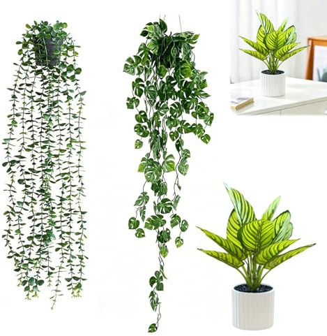 3 plantas artificiales como reales con maceta, planta artificial de monstera y eucalipto (100 cm y 90 cm), planta artificial de hojas pequeñas (35 cm) – Decoración para dormitorio, baño