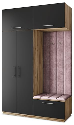Masseno Flugarderoben Set Rema, Kleiderschrank-Set mit Sitzbank, Garderobenschrank Flur mit 5 Regalböden, Eiche Wotan/Schwarz
