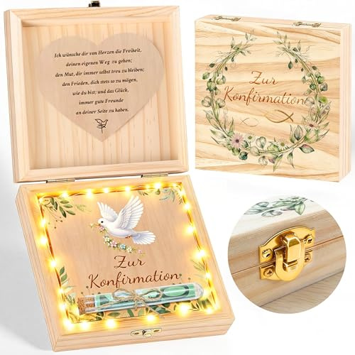 GEVECORI Confirmation Geldgeschenk für Mädchen & Junge, Confirmation Geschenk Souvenirs Caja de madera con luz LED e imanes cardíacos, Confirmación Embalaje Caja de regalo Set (Confirmación)