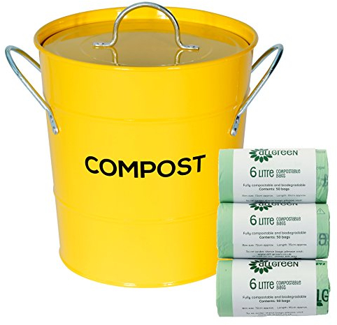 Yellow Metal Kitchen Compost Caddy & 150x All-Green Compostable Bags - Composting Bin for Food Waste Recycling