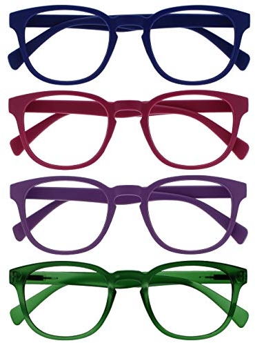 OPULIZE Pop Lesebrille 4er Pack Keck Rund Matt Rahmen Federscharniere Kratzfest Blau Rosa Lila Grün Herren Damen RRRR2-3456 +2.50