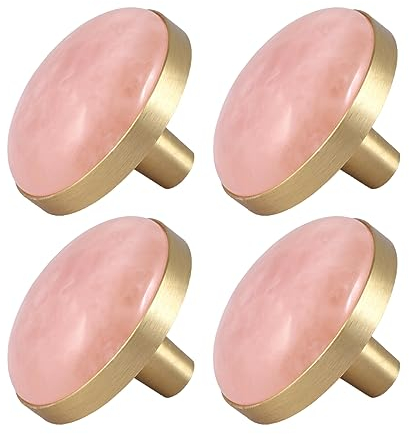 mookaitedecor 4 Stück Rosenquarz Kristall Stein Dekorative Schubladenknöpfe, Moderne Schubladengriffe Möbelknöpfe für Haus & Küchenschrank, 32 mm