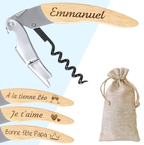 KDO MAGIC - Tire bouchon personnalisé - Prénom gravé - Tire-bouchon sommelier bois et acier inoxydable - Décapsuleur - Idée cadeau homme, fête des pères, papa, anniversaire (Modèle Prénom)