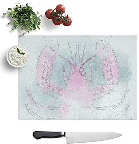 Glass Chopping Board - Pink and Duck Egg Blue Lobster Art in Abstract - Textured Worktop Saver Cutting Board - Heat Resistant, Shatterproof and Hygenic - 39 x 28.5 cm