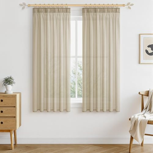 MRTREES Gardinen mit Kräuselband Stores Gardinen Beige kurz transparent 160X140cm (HXB) Schlaufenschals 2er Set Vorhänge in Leinenoptik für Wohnzimmer Schlafzimmer Mädchen Jugend Curtains