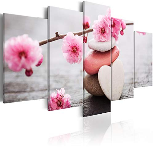 decomonkey Bilder Blumen Spa 150x75 cm 5 Teilig Leinwandbilder Bild auf Leinwand Wandbild Kunstdruck Wanddeko Wand Wohnzimmer Wanddekoration Deko Zen Stein Herz rose grau