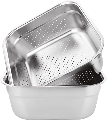 ASelected Washing Up Bowl & Strainer Bowl, 304 Stainless Steel Large Rectangular 10 Litre Colander Mixing Bowl Set, Washing Basin, Dishtub, for Vegetable Fruit Food Preparing, 33X33X13cm, 2 PCS