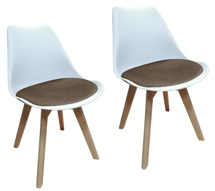 HTI living 2er Set Design-Stühle mit Sitzpolster Esszimmerstühle im skandinavischen Stil Esszimmerstuhl Kunststoffschale Samtbezug Holzfüße Weiß, Braun