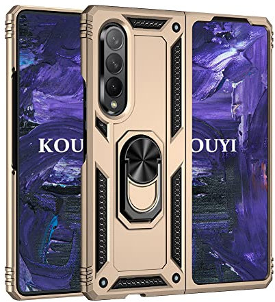KOUYI Coque pour Samsung Galaxy Z Fold 3 5G,Double Couche Renforcée Défense Bumper TPU Silicone Antichoc Armure Housse Etui avec Anneau Support pour Samsung Galaxy Z Fold 3 5G (d'or)