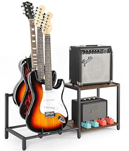 Bikoney Gitarrenständer, 3 E-Bass-Gitarrenständer, Boden mit Gitarrenverstärker-Ständer, Gitarrenständer für mehrere Gitarren und Gitarrenzubehör, verstellbarer Gitarrenhalter, Gitarren-Display für